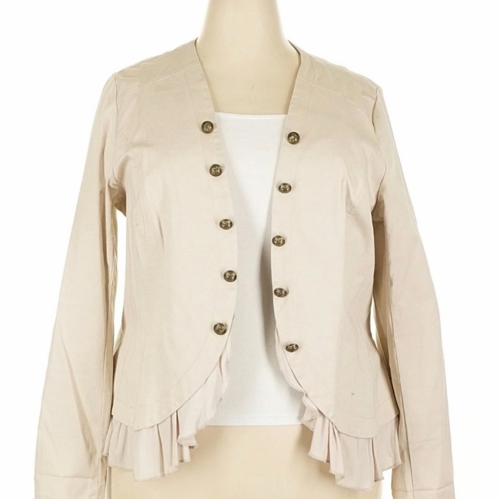 Size 2 Torrid Stretch Twill Military Beige Hi-Lo Peplum Flutter Hem Jacket NWT - Picture 3 of 6